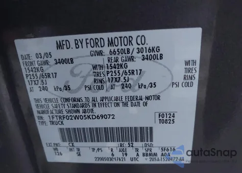 2005 Ford F-150 Stx/Xlt из США, поврежденный, VIN 1FTRF02W05KD69072